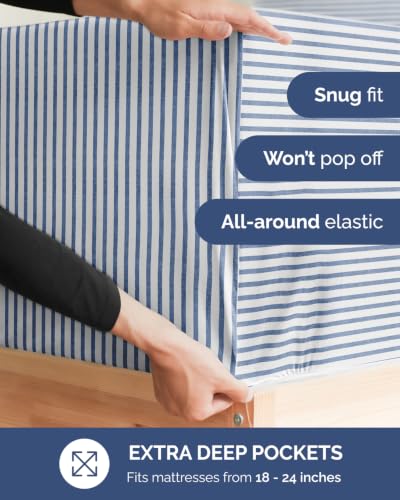 Image of Extra Deep Flex Top Split Head King Fitted Sheet - Hotel Luxury Single Fitted Sheet Only - Easily Fits 18 inch to 24 inch Mattress - Ultra Soft, Wrinkle Free w /Extra Deep Pockets - Blue Stripes 2