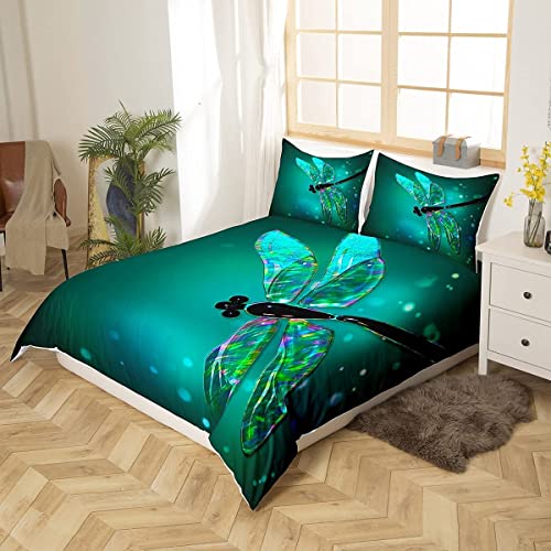 Loussiesd Dragonfly Duvet Cover Set Ultra Soft Dragonfly Comforter Set for Kids Women Adults Teal Dragonfly Bedding Set Nature Home Quilted Set Turquoise King Size - Image 2