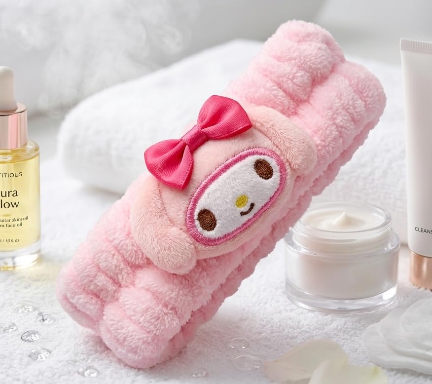 Plush Spa Headband for Skincare, Light Blue Microfiber Soft Elastic Hair Band for Washing Face, Shower, Facial Mask, Cute Character Style (Light Pink)-image-49