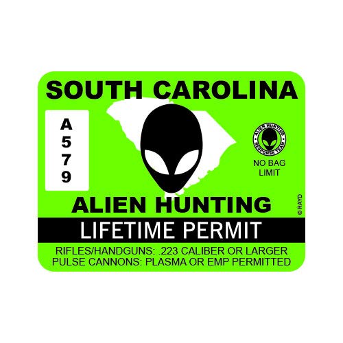 RDW South Carolina Alien Hunting Permit - Color Sticker - Decal - Die Cut - Size: 4.00