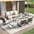 VICLLAX 8 Pieces Patio Furniture Set, Outdoor Conversation Set with 3-seat Couch, 4 Rocking Patio Sofa Chairs, Outdoor Coffee Table and 2 Padded Ottomans for Lawn Garden, Beige