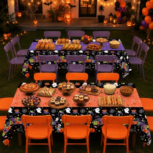 Image of 2 Pack Halloween Tablecloth, 54 x 108 Inch Disposable Plastic Table Cover, Halloween Party Supplies for Halloween Decor