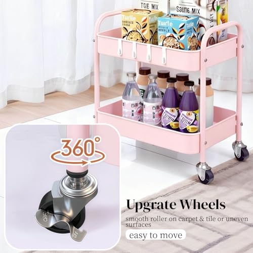 Image of Pink 2 Tier Rolling Cart Metal with Wheels Under Desk Storage Cart for Small Space Organization, Small Trolley for Pantry Room Laundry Bathroom Kitchen Office Art Snack Baby Supplies