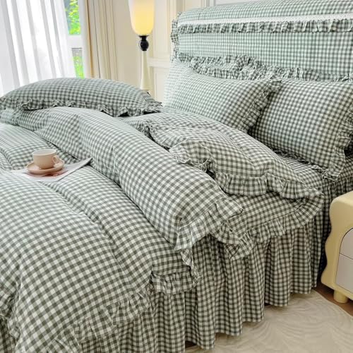 Image of LifeTB Queen Comforter Set Green Gingham Comforter Vintage Ruffle Checkered Pattern Comforter Set Chic Grid Plaid Bedding Comforter Lightweight Fluffy Soft Gingham Bedding Set Queen Breathable