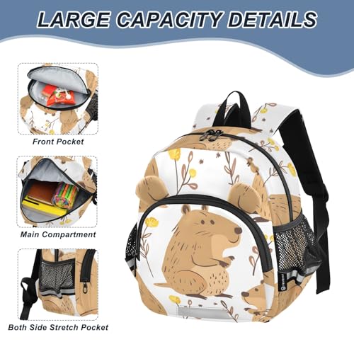 Kid's Backpack for Boys & Girls Toddler Bag Cute Capybara Yellow Floral Backpack with Safety Leash4