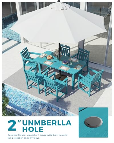 Image of Ciokea HDPE Outdoor Dining Set, 7-Piece Patio Table and Chairs Set with Umbrella Hole, All-Weather Patio Dining Sets for 6, Durable Patio Furniture for Backyard, Garden, Lawn & Poolside, Lake Blue