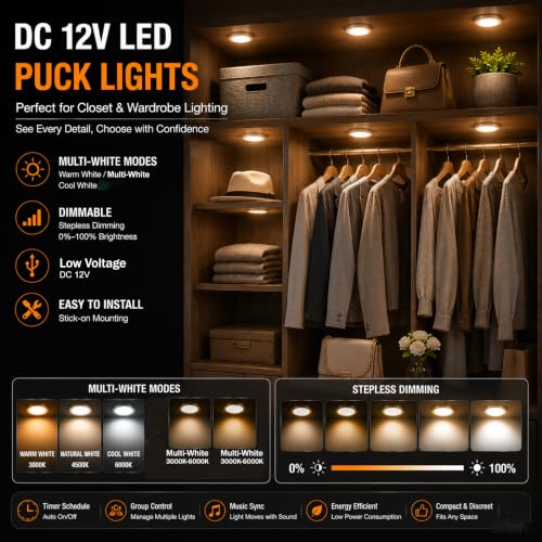 Image of Smart LED Puck Lights, Dimmable Under Cabinet Lighting with Bluetooth App Control, Music Sync, Timer, DC 12V Adaptor (2Pack, Multi-White)
