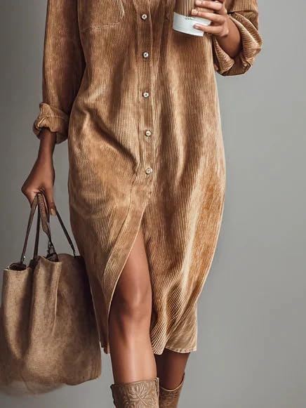 Womens Corduroy Button Down Shirt Dress Lapel Long Sleeve Solid Color Casual Loose Midi Fall Spring Dresses - Image 4