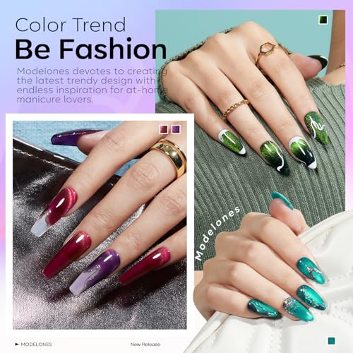 Image of modelones 12Pcs 15ML Cat Eye Gel Nail Polish Set, Same Color Same Bottle Summer Green Blue Yellow Pink Red Purple Cateye Gel Polish Set with Magnet Sparkle Series Hema-free Gel Polish Kit Nail Art