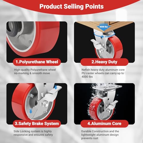 Image of Nefish 5 Inch Industrial Grade Casters Wheels, Heavy Duty Aluminum Core PU Castor Set of 4, Durable Plate Swivel Casters with Brake 4000 LBS, Anti-Corrosion Wheels for Industrial, Equipment