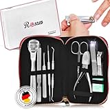 Rosaw Maniküre & Pediküre Set | 10 tgl. Nagelpflegeset aus Edelstahl | mit Anti-Rost Garantie | Etui aus Stoff | Nagelpflege & Design-Set für Damen und Herren | schwarz