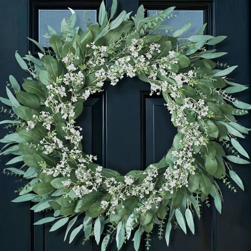 32'' Eucalyptus and Babys Breath Flowers Wreath for Front Door - Large Artificial Greenery Outdoor Wreath for Porch,Window,Farmhouse,Home,Hanging Decor- Spring, Summer, All Seasons (Green-White)