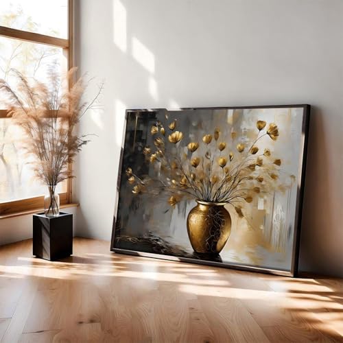 Tableau moderne vase floral doré pour décoration de cuisine chic