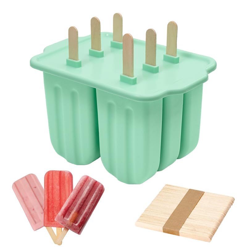 HoneTeek Eis am Stiel Formen, 6 Stück Silikon Eisformen mit 50 Holzstäbchen, BPA-frei, einfaches Lösen, für Kinder und Erwachsene, lebensmittelecht, Grün