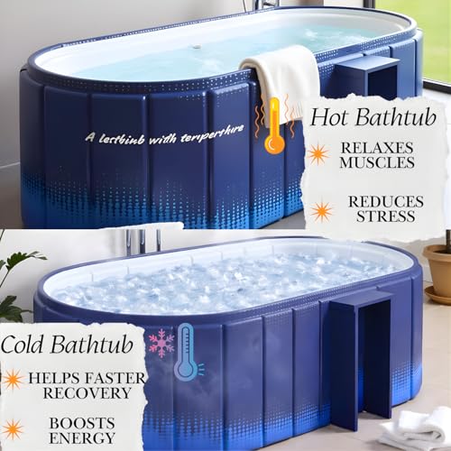 Image of Foldable Adult Bath Tub for Home Spa | Large Portable Bathtub with Backrest & Handle | Insulated Folding Tub for Hot & Cold Soak, Ice Bath, Bubble Bath & Relaxing Spa (Aqua Blue Bathtub)