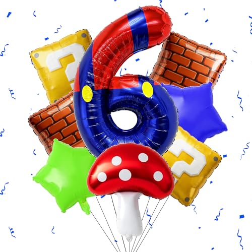 Blue Red Number Balloon Set Birthday Decor Include 40 Inch Blue Red Number 6 Balloon Mushroom Foil Balloon Square and Star Foil Balloons for Birthday Decoration Supplies (Number 6)