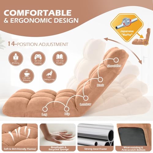 Image of Folding Floor Gaming Chair 14-Poistion Cushioned Adjustable Floor Lazy Sofa Chair w /Breathable Cotton & Skin-Friendly Flannel for Adults & Kids Perfect for Reading Gaming Meditating, Camel