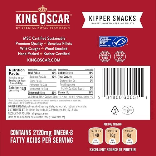 Image of King Oscar Kipper Snacks, 3.54 Ounce Cans (Pack of 1), Lightly Smoked Herring Fillets, Wild Caught Canned Herring