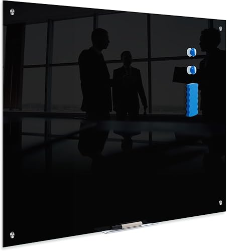 TIANSE Pizarra blanca de cristal, pizarra magnética de cristal negro de borrado en seco, 48 x 32 pulgadas, sin marco, para colgar en la pared,