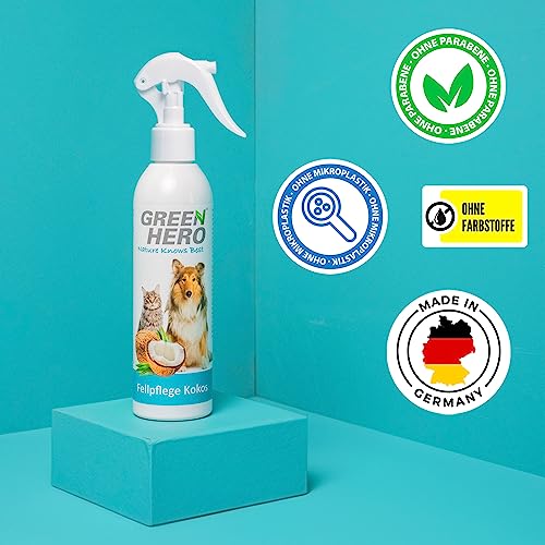Green Hero Fellpflege Spray Kokos für Hunde & Katzen 250 ml - Entfilzungsspray für Hundepflege & Katzenpflege - Pflegespray mit Kokoswasser gegen Verfilzungen - Langhaar & Kurzhaar