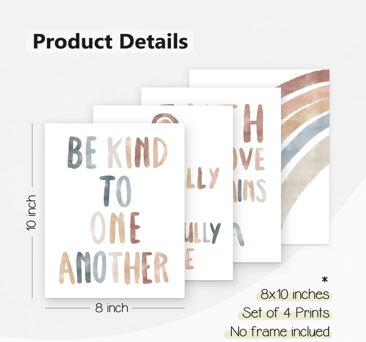 PLKMN Boho Inspirational Wall Art,Be Kind to One Another,Faith Can Move Mountains,Boho Rainbow Wall Poster for Nursery Baby Kids Bedroom Decor,10x8 Inch Set of 4 Unframed