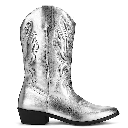 Image of mysoft Cowboy Boots For Women - Western Cowgirl Boots Mid Calf Chunky Heel Booties Pointed Toe Country Shoes