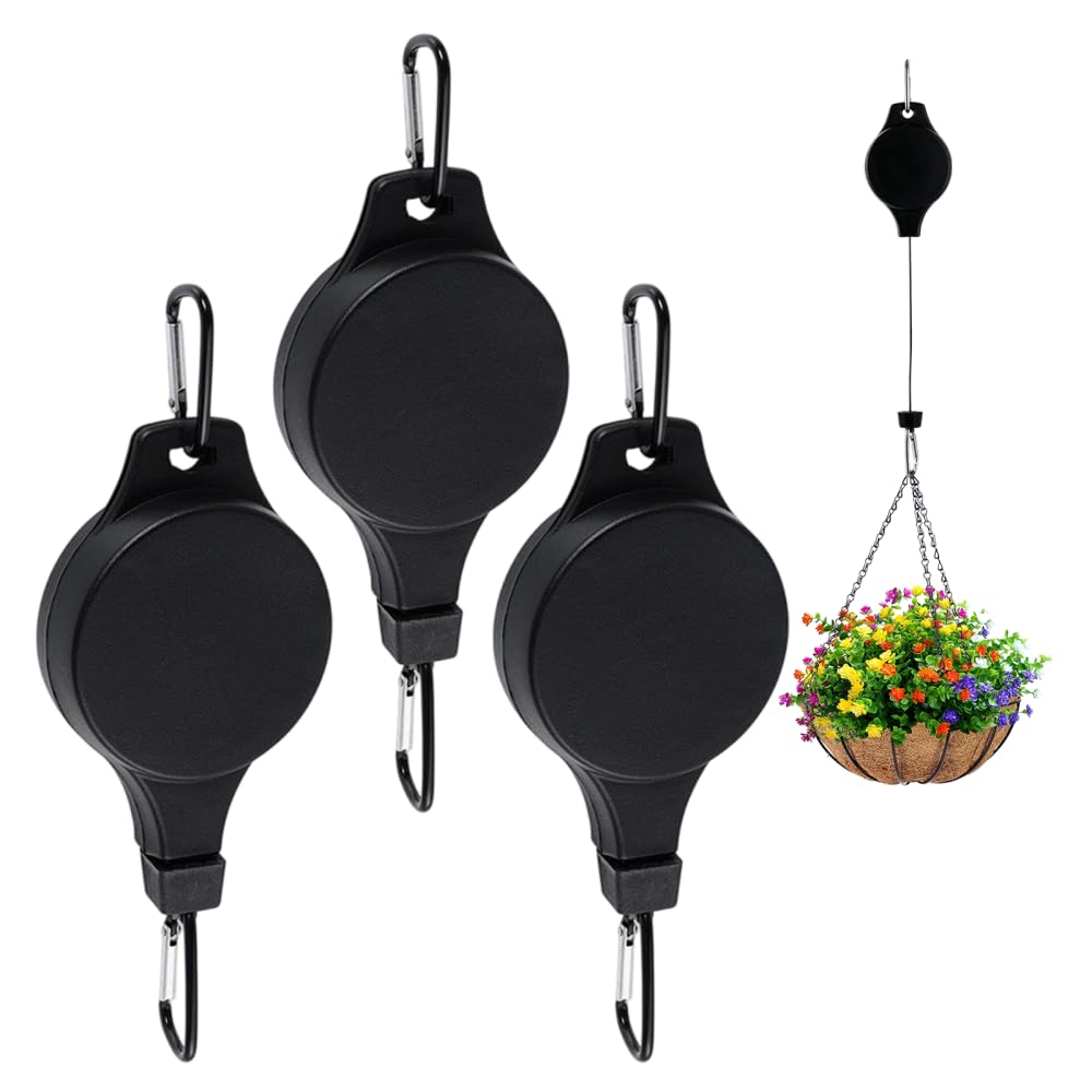 Retractable Plant Pulley, 3pcs Adjustable Heavy-Duty Hanging Basket Hooks for Garden Planters and Bird Feeders