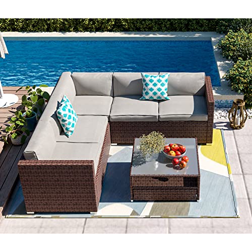 HOMPUS 6-Piece Outdoor Patio Furniture Set Brown Modular Sectional Sofa Wicker Furniture Conversation Set w Gray Cushions,Glass Coffee Table,2 Pillows,L Shaped Couch for Outside,Garden,Deck,Backyard HOMPUS 6-Piece Outdoor Patio Furniture Set Brown Modular Sectional Sofa Wicker Furniture Conversation Set w Gray Cushions,Glass Coffee Table,2 Pillows,L Shaped Couch for Outside,Garden,Deck,Backyard