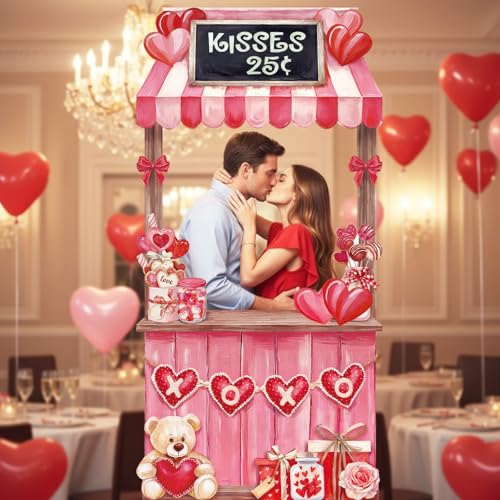WovWeave Valentines Day Kissing Booth Backdrop 71x35 Inch - Romantic Red Pink Heart Photography Background for Couples Large Fabric Love Banner for Party Decorations Indoor Outdoor Selfie Props