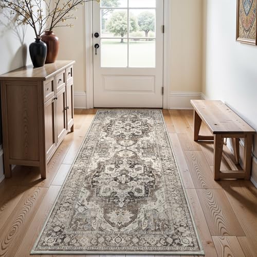 YOUFORTONG 2x5 Washable Entryway Rug: Vintage Non Slip Door Mat Indoor Soft Kitchen Rug Runner Low Pile Floor Mat for Bedroom Farmhouse Carpet Runner (Beige, 2x5)