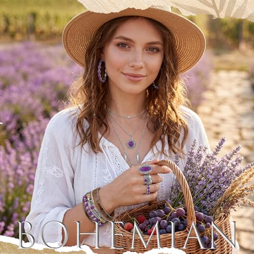 Image of Ecally Bohemian Western Jewelry Turquoise Set Women Country Pendant Long Choker Layered Bracelets Earrings Ring for Women