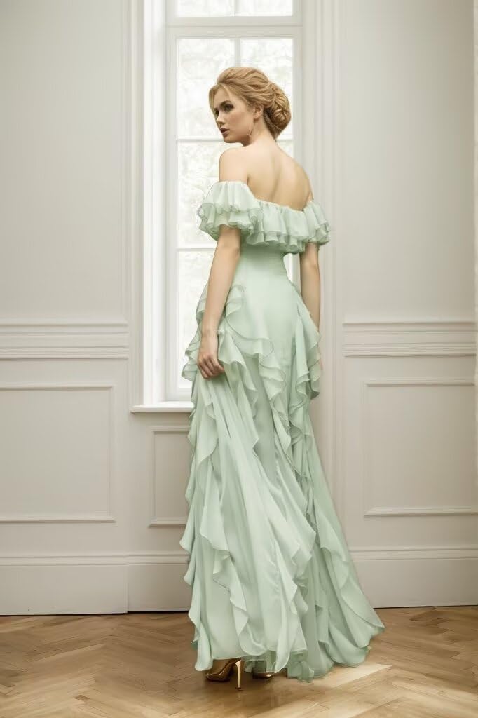 Off The Shoulder Chiffon Prom Dresses for Women 2026 Ruffles A-Line Backless Flowy Formal Evening Party Gowns