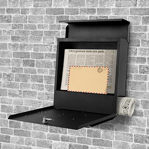 Image of Wall-Mount Mailbox for House Outside, Security Key Drop Box with Lock and Keys, Steel Metal Mail Box with Newspaper Compartment, 14.57 x 14.57 x 4.33 Inch, Black, MD021 X-Large