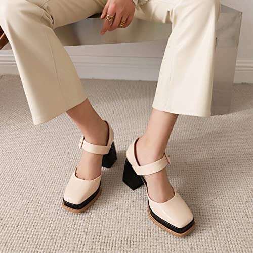 CoceMoce Chunky High Heel Platform Pumps for Women Square Toe Ankle Strap Red Patent Leather Dressy Shoes Stylish Comfy Evening Party Wedding Business Ballroom Dancing 6