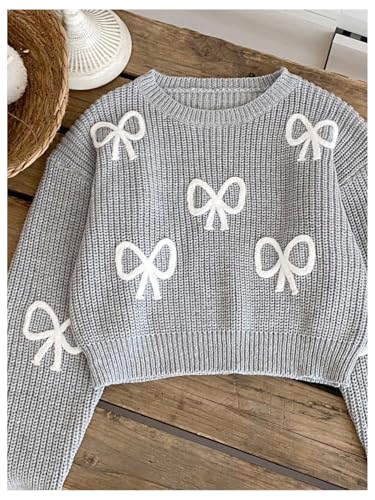 Image of BEAUDRM Girl's Cute Bow Sweater Crew Neck Long Sleeve Drop Shoulder Loose Pullover Tops