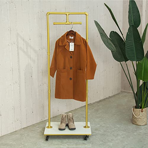 MDEPYCO Clothing Store Rolling Garment Rack with Wheel,Industrial Pipe Clothing Storage Display Rack,Floor-Standing Hanging Rods Hangers Clothes Shelves (Gold)