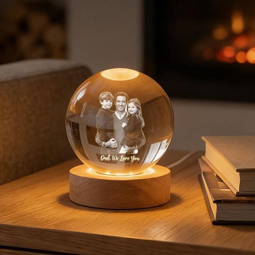 Image of Personalized LED Light Gift for Dad, Custom Photo Crystal Ball Light Night, Fathers Day Gift, Best Dad Ever, Daddy & Kids Portrait Globe