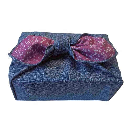 Furoshiki Japanese Wrapping Cloth Eco Gift Wrap Paper Reversible Shark Skin Cherry blossoms Pattern Eco-bag Bento Lunch Cake Wine Bottle Box Kimono Cover (Iron Blue and Rose 27.6 x 27.6 inches)