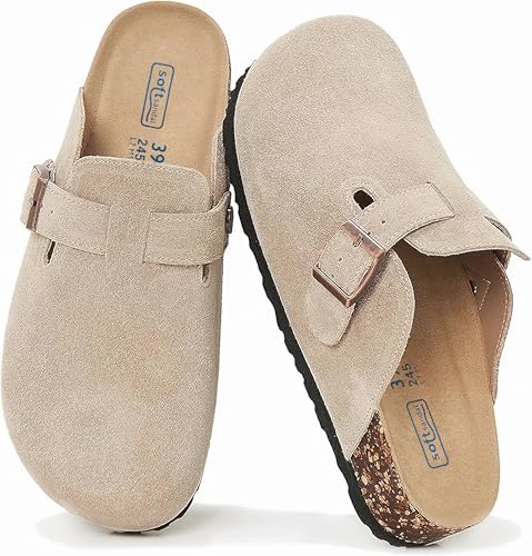 Zandrix Women's Suede Clogs Slip-on Leather Mules Cork Footbed Sandals Slides Potato Shoes with Adjustable Buckle Taupe