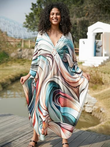 Image of IMAGEKOPE Women's Plus Size Animal Print V-Neck Batwing Kaftan Beach Dress Bathing Suit Cover-Up Loungewear