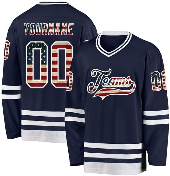Custom Long Sleeve Jersey, Custom Navy Orange Hockey Jersey, Hockeys Jerseys for Men, Women with