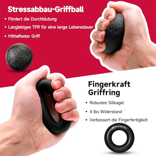 FitBeast Handtrainer Trainingsset (5-teilig), 2 Unterarmgriff Einstellbare Widerstand Handgreifer, Fingerdehner, Griffball & Stressabbau-Griffball für Athleten