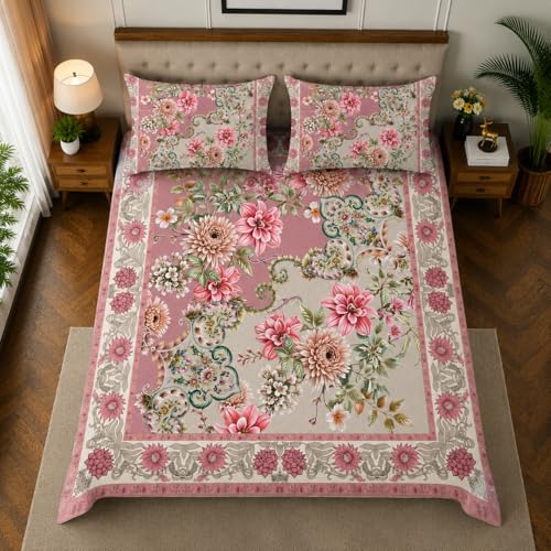 Image of 7D Digital Printed King Size Bedsheet | 240TC Premium Cotton Feel Microfiber with 2 Pillow Covers | Soft Breathable & Wrinkle Free Bedding Set | (PinkFloral, King Size-225x250CM)
