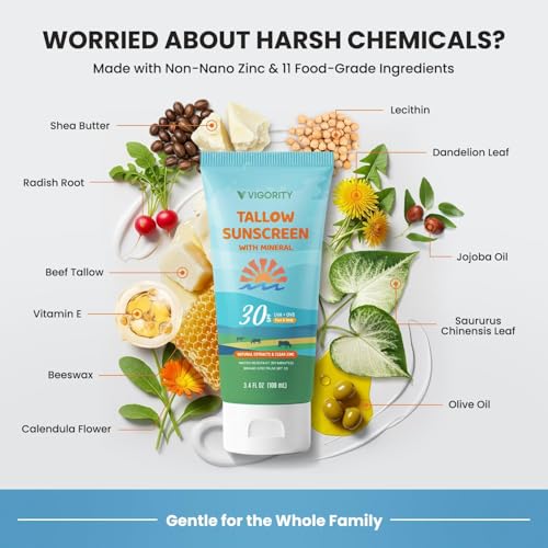 Image of Vigority Tallow Sunscreen SPF 30 for Face & Body - Natural Grass-Fed Beef Tallow, Non-Nano Zinc Oxide - Moisturizing Mineral Sunblock, Non-Greasy & Non-Toxic, Reef Safe for Adults & Kids (3.4 oz)
