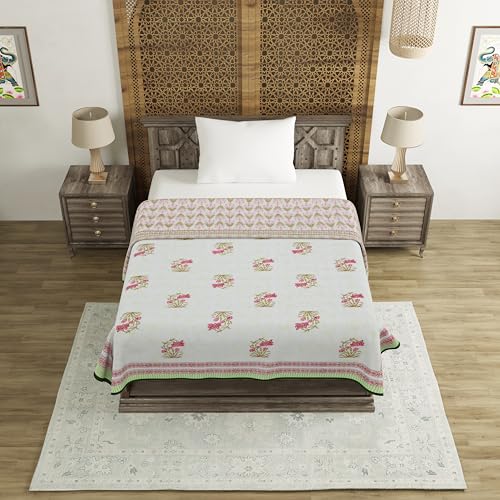 Image of BLOCKS OF INDIA Hand Block Printed Cotton Single Size Reversible Malmal Dohar for Summer (Green Leaf)| TC - 200