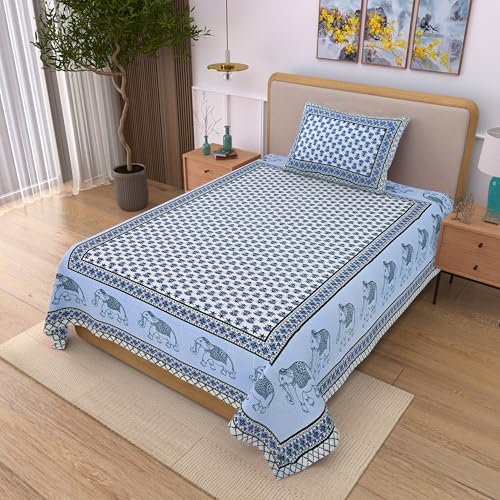 Image of 100% Cotton Single Bedsheet with 1 Pillow Cover | 240 TC Pure Cotton Flat Bed Sheet | Traditional Jaipuri Printed Bedding Set | Soft & Breathable | 60 x 90 Inch (Rangmahal Single 75)