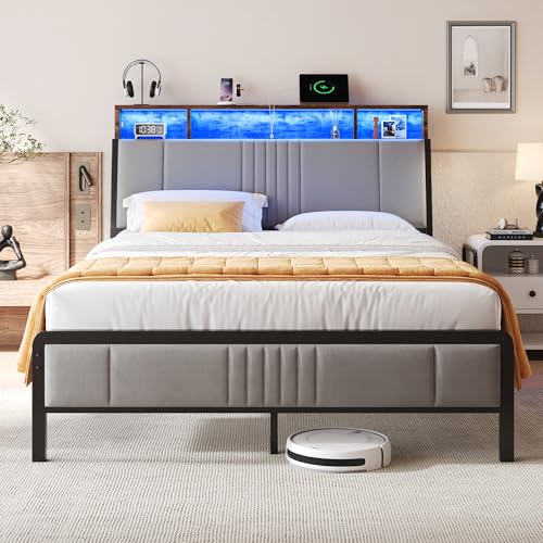 Queen Size Bed Frame with Storage Headboard and Charging Station, Ergonomic Platform Bed Frame with LED Lights, Strong Metal Slat Support, No Box Spring Needed, Noise Free, Grey