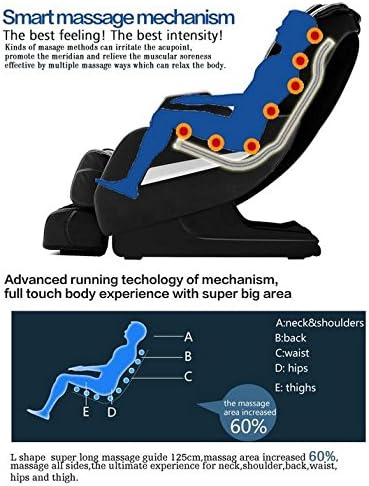 Diagram illustrating the smart massage mechanism with a human figure in the chair, highlighting massage points on the neck, shoulders, back, waist, hips, and thighs, indicating a 60% increased massage area.
