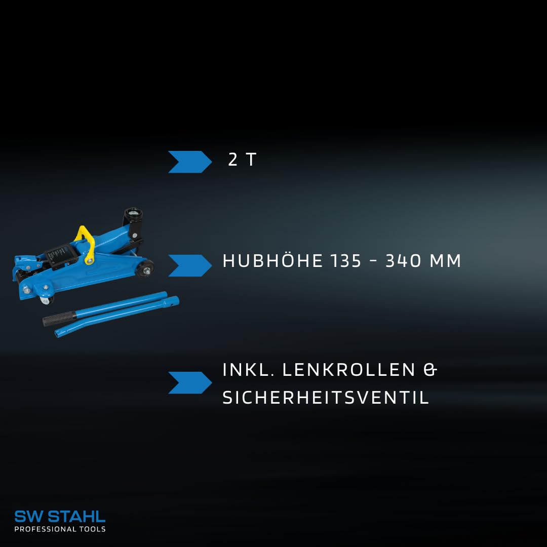 SW-Stahl 20700L Rangierwagenheber 2 t - Hydraulischer Wagenheber für Pkw | Auto Wagenheber mit 135–340 mm Hubhöhe, Sicherheitsventil und Lenkrollen - Ideal für Reifenwechsel und Wartungsarbeiten