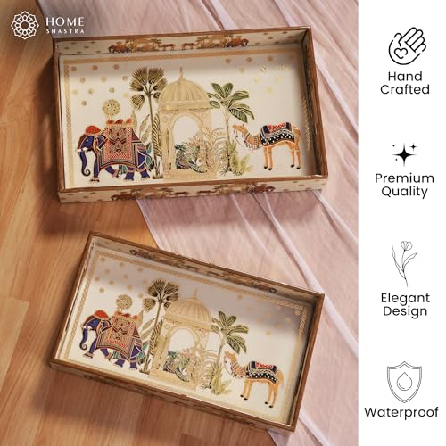 Image of Wooden Serving Tray with Gold Engraving | Set of 2 | Size : 16 x 10 inch & 14 x 8 inch | Enamel Coated Waterproof | Rectangular | Decorative Trays | Royal Camel Large & Medium